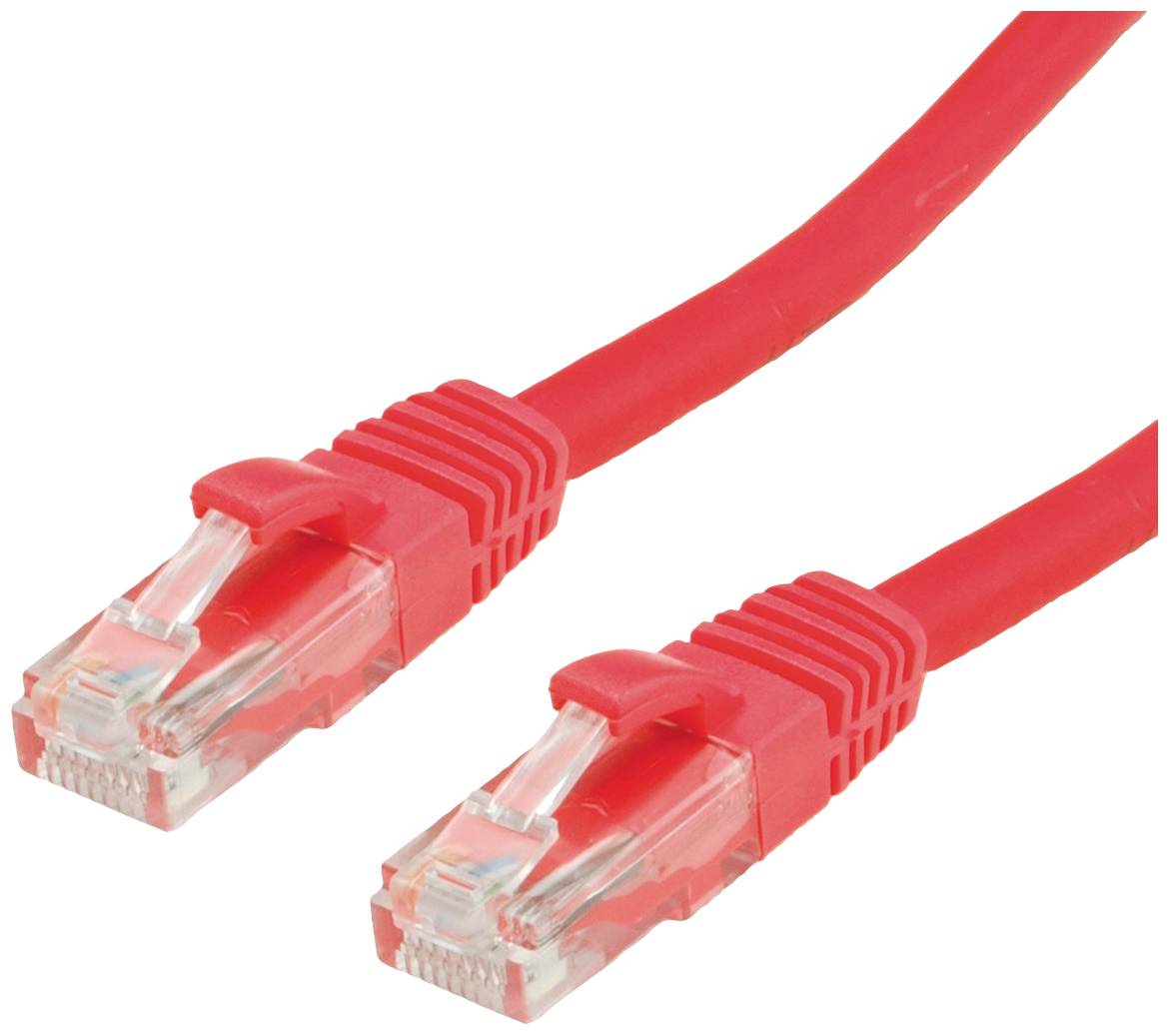 Rotes Netzwerkkabel mit RJ-45-Steckern an beiden Enden, geeignet für die Verbindung von Computern mit einem Netzwerk.