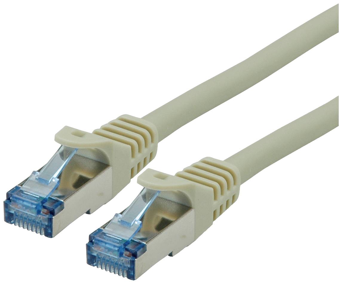 Zwei Ethernet-Kabel mit RJ45-Steckern, die für Netzwerkverbindungen verwendet werden. Sie haben graue Ummantelungen und transparente Anschlüsse.