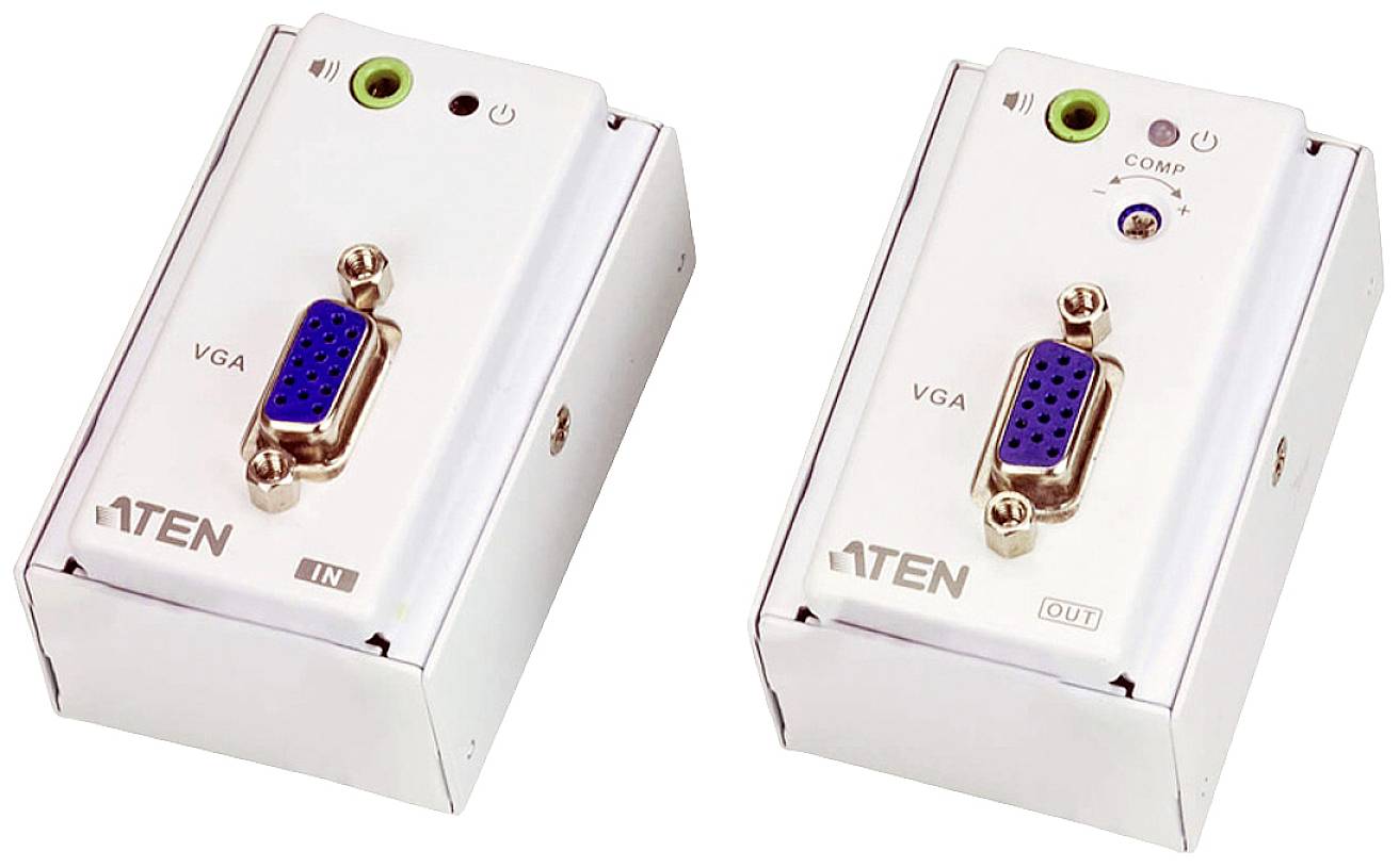 Zwei VGA-Boxen mit blauer Schnittstelle und grünen Audioanschlüssen, die mit 'IN' und 'OUT' gekennzeichnet sind, zur Videoübertragung.