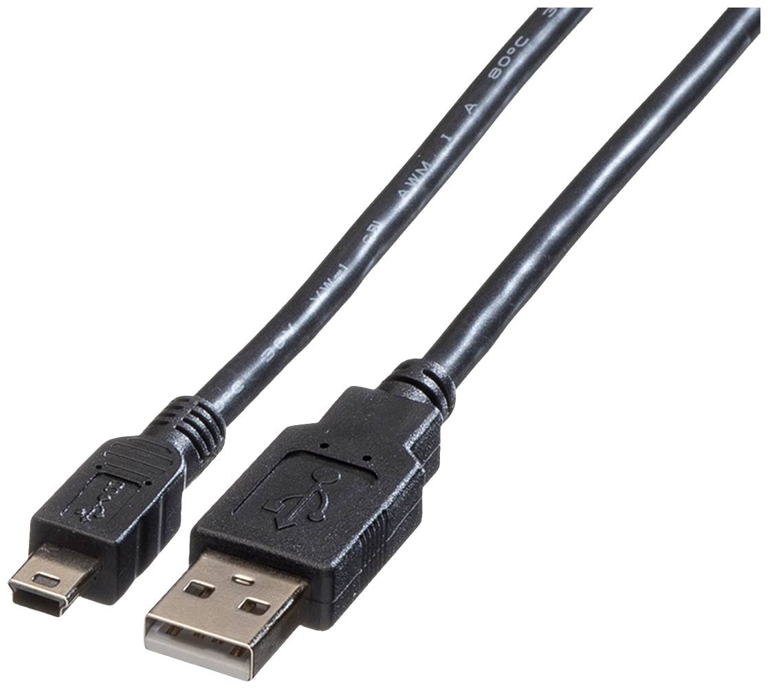Schwarzes USB-Kabel mit Standard-USB-A-Stecker auf der einen Seite und Mini-USB-Stecker auf der anderen Seite, zur Datenverbindung.