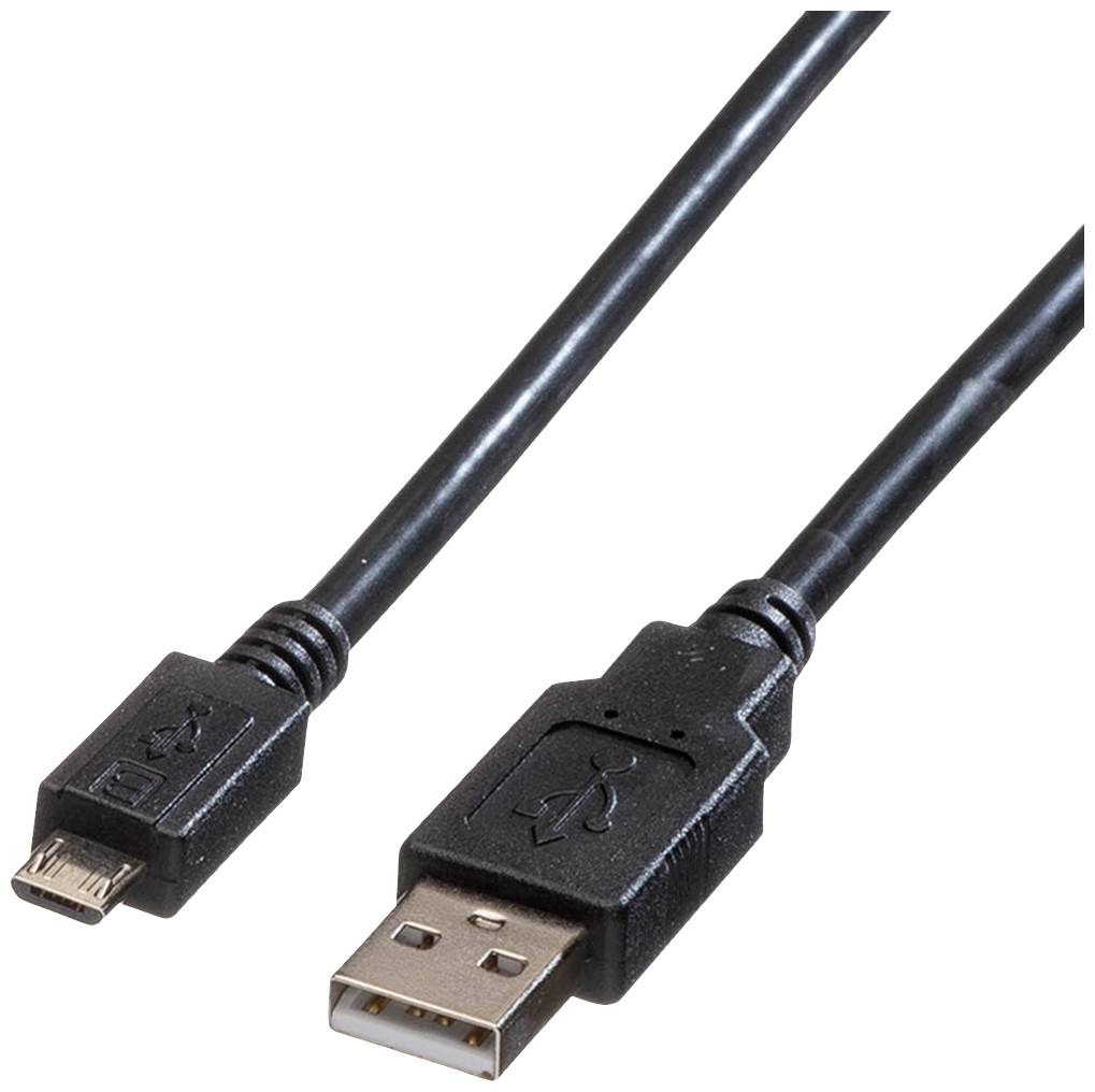Ein schwarzes USB-Kabel mit einem USB-A-Stecker auf der einen Seite und einem Micro-USB-Stecker auf der anderen Seite.