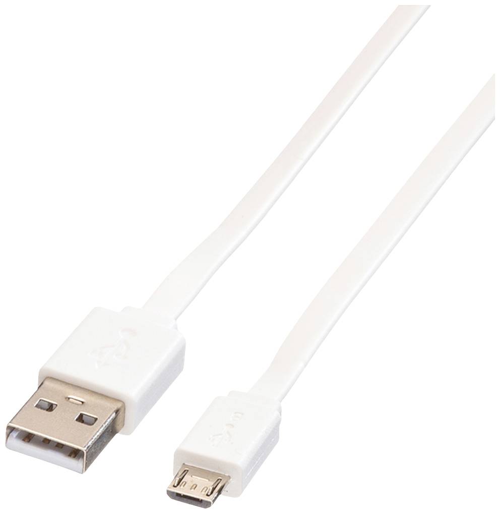 Weißes USB-auf-Micro-USB-Kabel, flach, für Datenübertragung oder Laden. Rechteckige USB-Buchse und kleinere Micro-USB-Stecker.