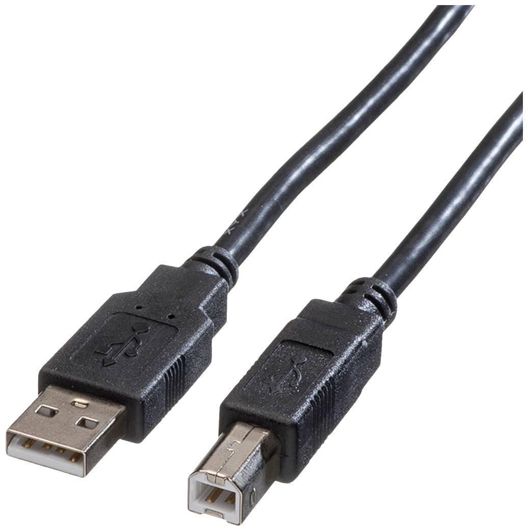 Zwei USB-Kabel: Links ein USB-A-Stecker und rechts ein USB-B-Stecker, häufig für Computer und Drucker verwendet.