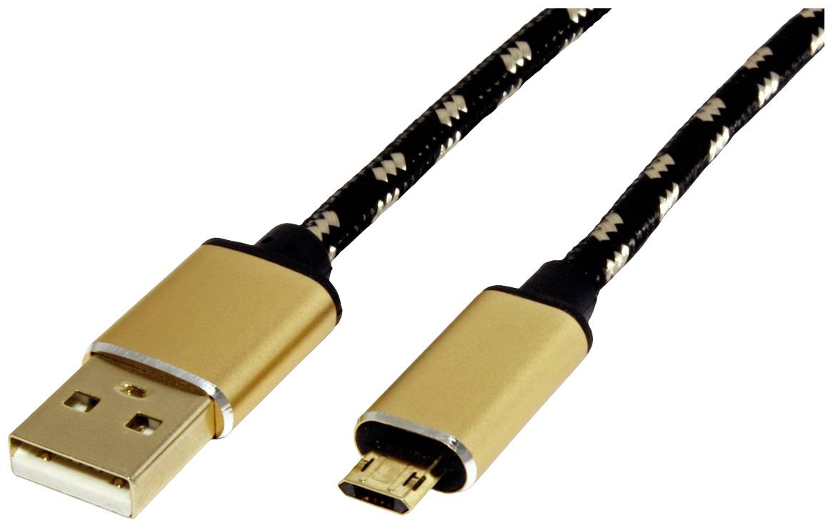 USB-auf-Micro-USB-Kabel mit geflochtenem, schwarz-goldenem Design, geeignet für Datenübertragung und Aufladen von Geräten.