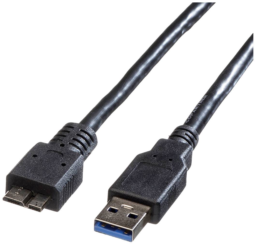 Schwarzes USB-Kabel mit einem USB 3.0 Stecker und einem Micro-B Stecker, zum Verbinden von Geräten wie Festplatten oder Smartphones.