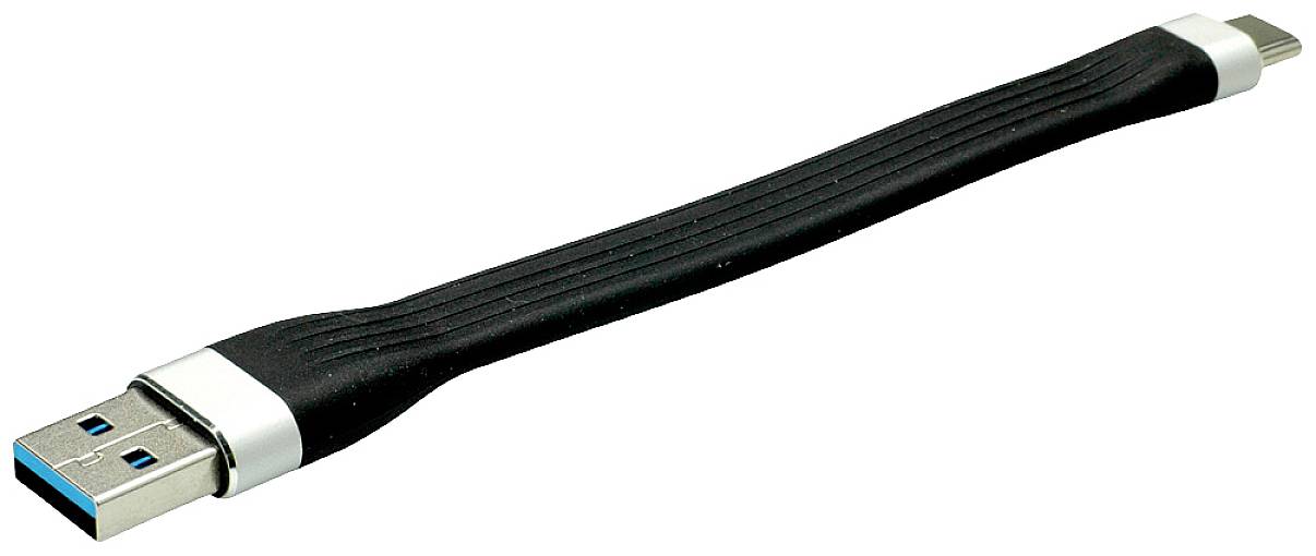 Kurzes, schwarzes USB-Kabel mit USB-A-Stecker auf der einen Seite und Micro-USB-Stecker auf der anderen Seite.