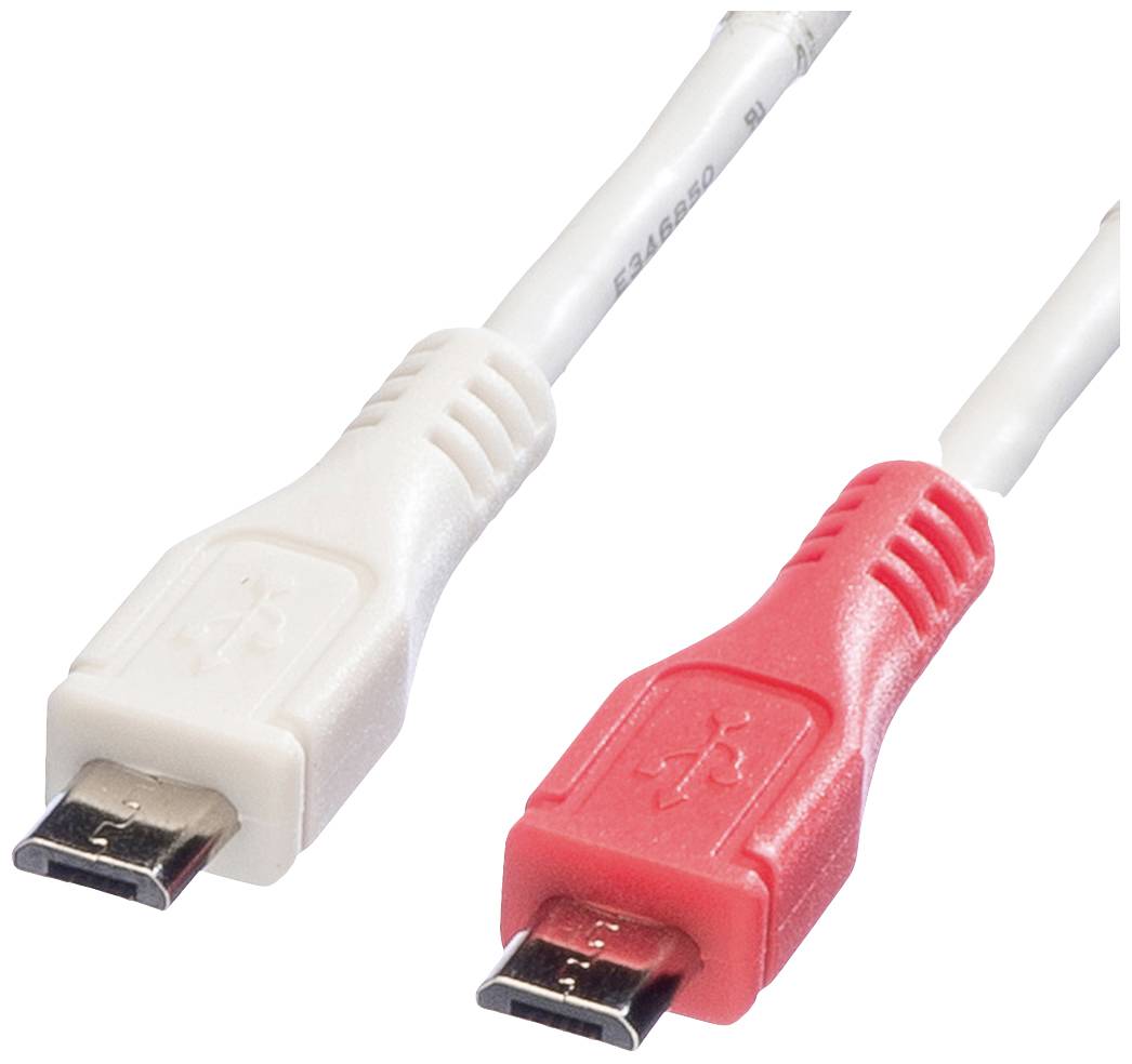 Zwei USB-Kabel, links in Weiß und rechts in Rot. Beide haben einen Micro-USB-Stecker, der nach vorne zeigt.
