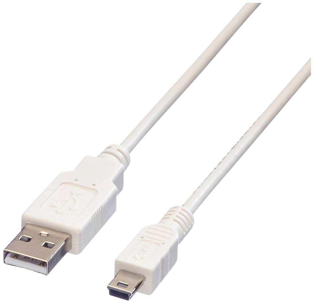 Ein weißes USB-auf-Mini-USB-Kabel, geeignet für Lade- oder Datenübertragungszwecke, gegen einen weißen Hintergrund.