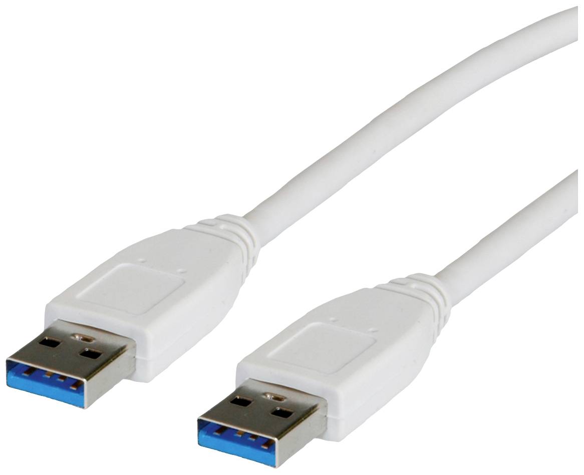Zwei weiße USB-Kabel mit blauen Anschlüssen, die nebeneinander liegen.