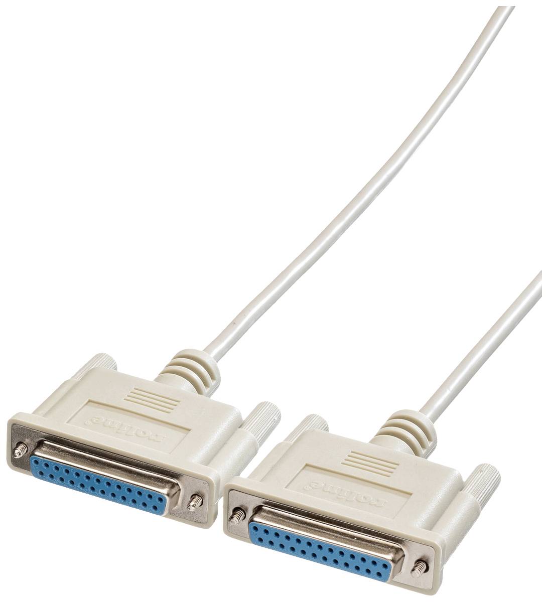 Zwei serielle DB25-Kabel mit weißen Steckern und blauen Pins nebeneinander, die für den Anschluss von Computergeräten verwendet werden.