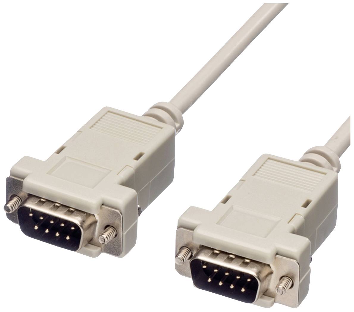 Zwei graue serielle RS-232-Kabel mit Steckern und Schrauben, für Computerverbindungen geeignet.
