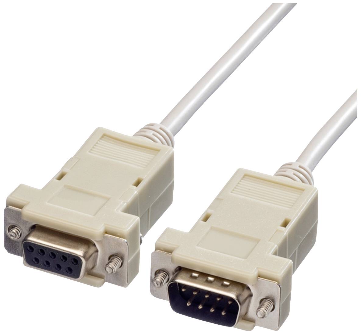 Zwei serielle Kabelstecker: links eine Buchse mit Löchern, rechts ein Stecker mit Stiften. Beide sind beige und verbunden.