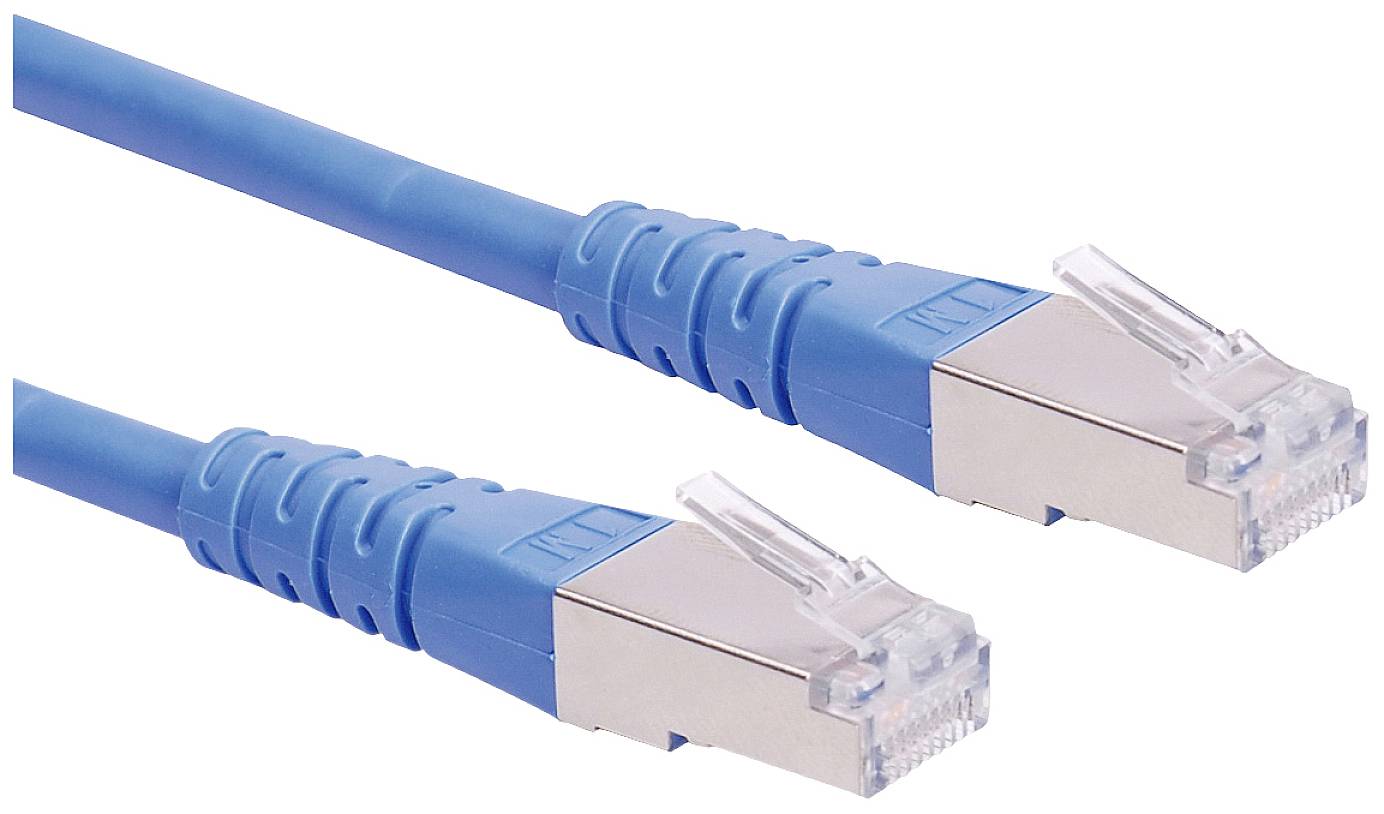 Zwei blaue Ethernet-Kabel mit metallischen RJ45-Steckern. Ideal für Netzwerkinstallationen oder Computerverbindungen.