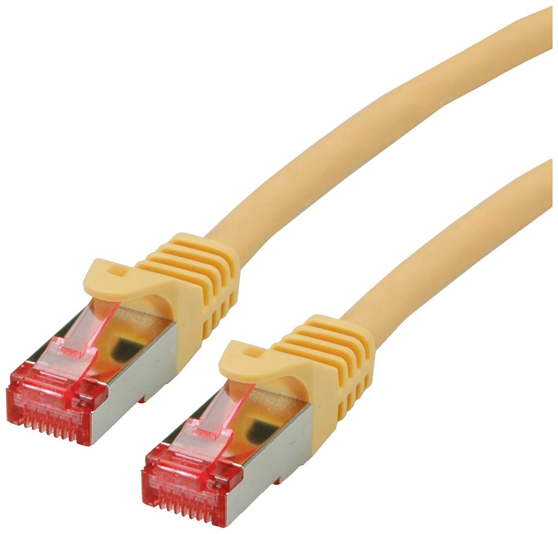 Ein oranges Ethernet-Netzwerkkabel mit zwei RJ45-Steckern. Die Stecker haben silberne Abschirmungen und transparente Gehäuse mit roten Einsätzen.
