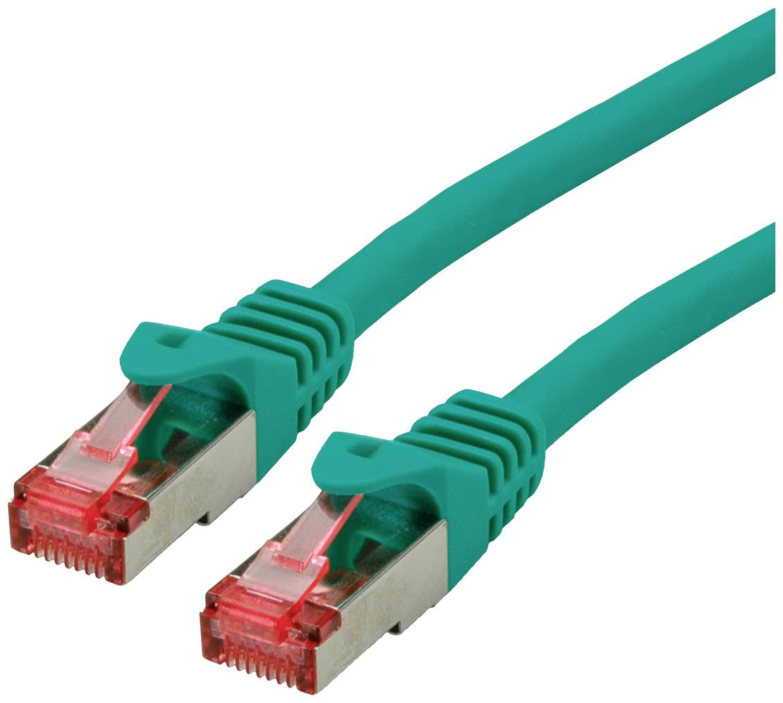 Zwei grüne Ethernet-Kabel mit roten RJ45-Steckern. Ideal für Netzwerkverbindungen.