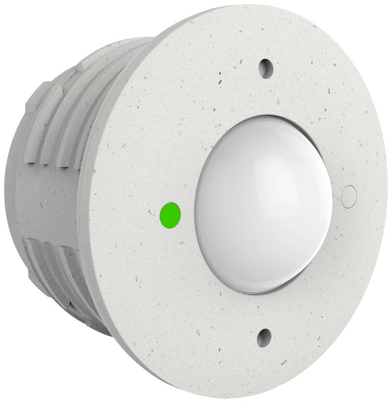 Ein runder, weißer Bewegungssensor mit grünem Licht zeigt Betriebsbereitschaft an. Er ist für die Deckenmontage geeignet.