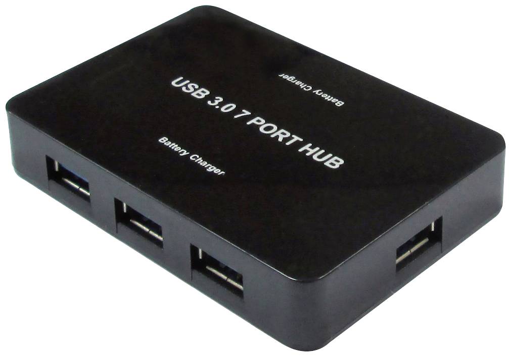 Ein schwarzer USB-Hub mit sieben Anschlüssen, auf dem 'USB 3.0 7 Port Hub' steht. Geeignet zum Aufladen von Geräten.