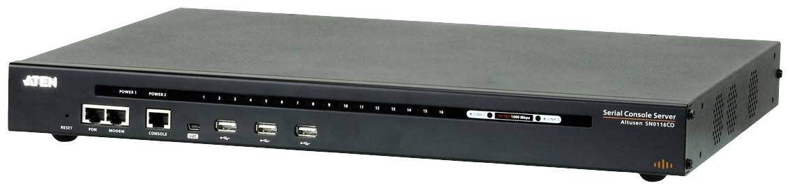 Ein schwarzer serieller Konsolenserver mit mehreren Anschlüssen und Statusanzeigen auf der Vorderseite, markiert mit 'ATEN'.