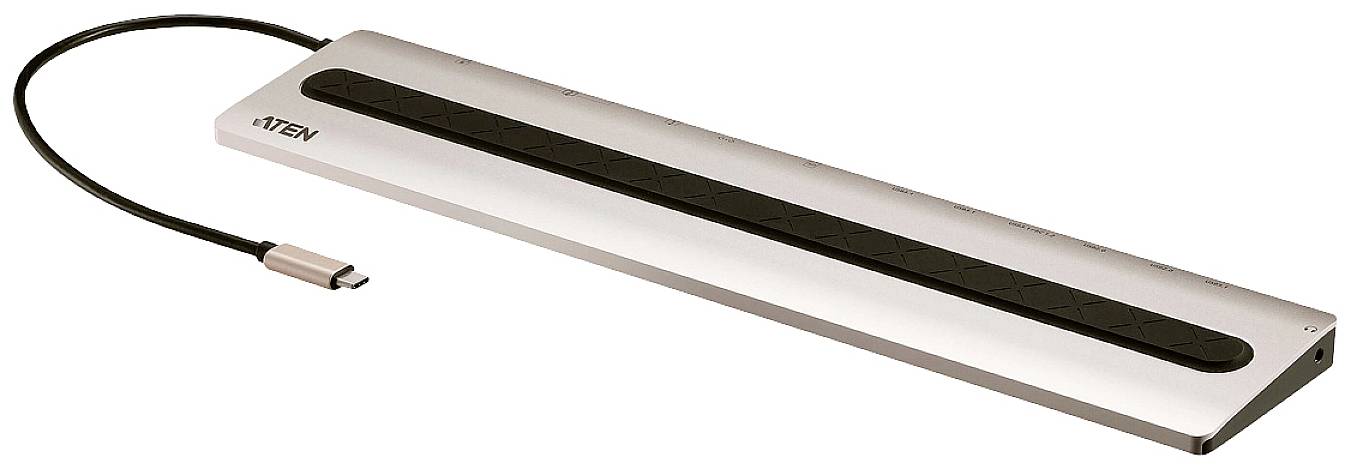 Ein silberner, rechteckiger USB-C-Dockingstation mit schwarzem Steifen in der Mitte und einem befestigten Kabel links.