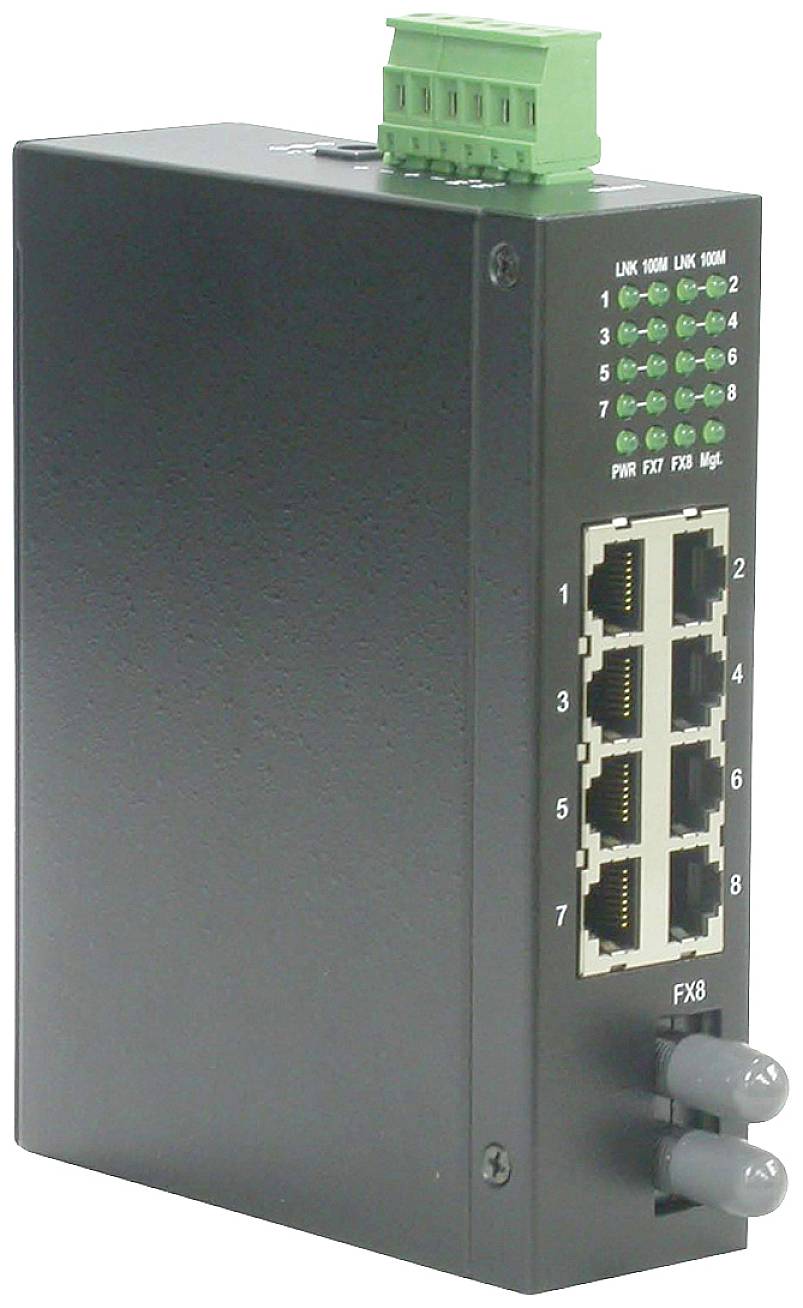 Ein schwarzer Ethernet-Switch mit acht RJ45-Ports und grünen Status-LEDs an der Oberseite, geeignet für industrielle Anwendungen.