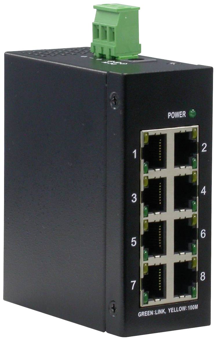 Ein schwarzer Netzwerk-Switch mit acht Ethernet-Ports, nummeriert von 1 bis 8, und einer grünen Anschlussklemme oben.