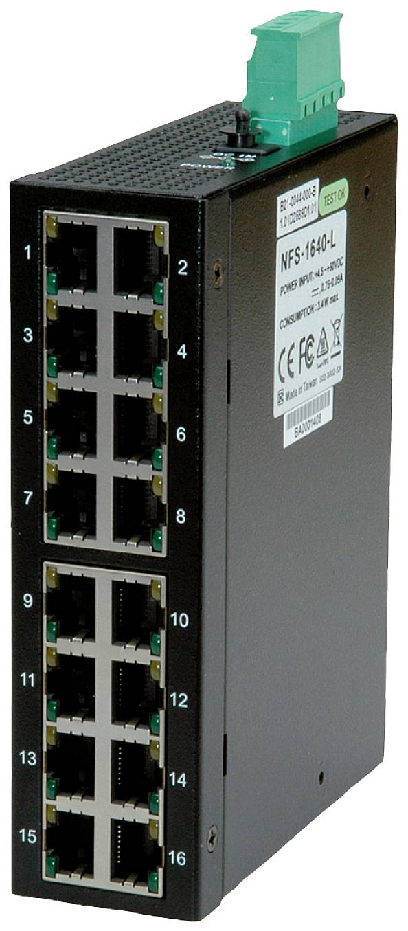 Ein Netzwerk-Switch mit 16 Ethernet-Ports, dargestellt in einem rechteckigen, schwarzen Gehäuse mit nummerierten Anschlüssen.
