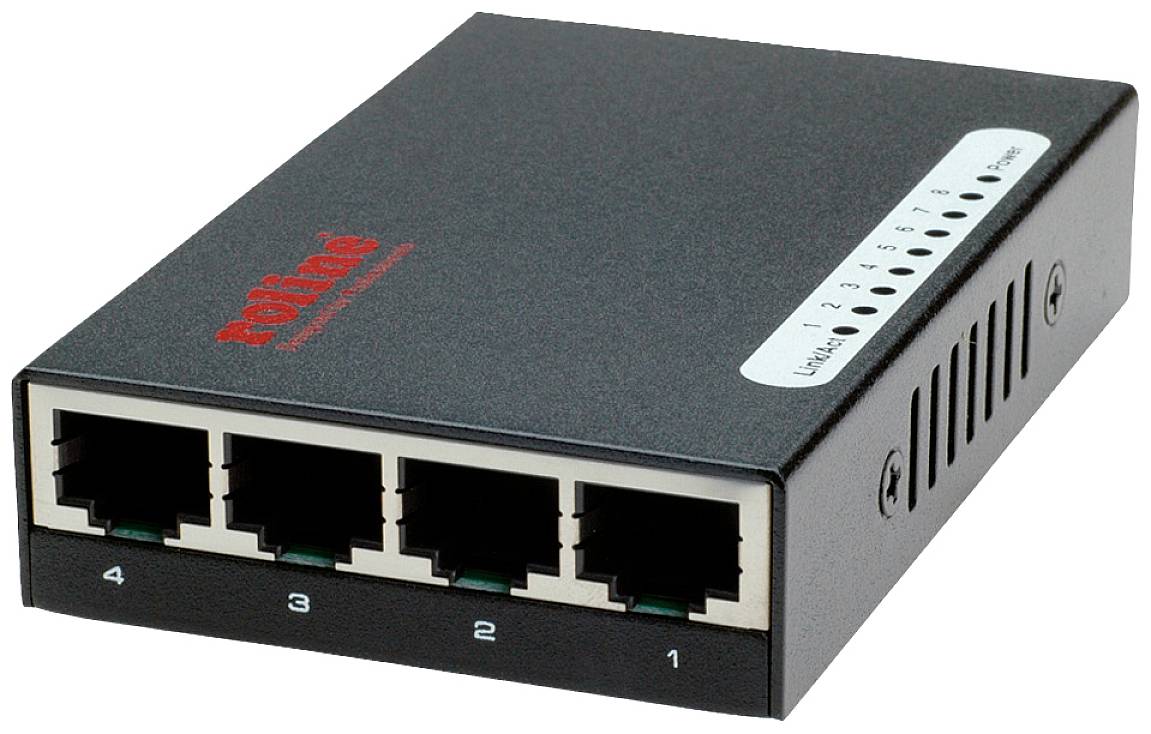 Ein schwarzer Ethernet-Switch mit vier Ports, nummeriert von 1 bis 4, und LED-Anzeigen auf der Oberseite.