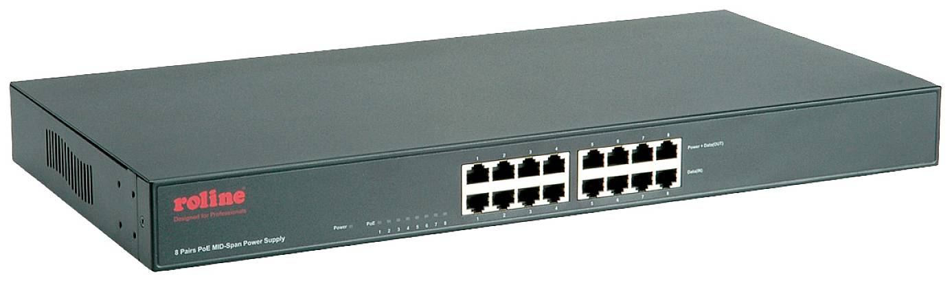 Ein schwarzer Netzwerk-Switch mit 16 Ethernet-Ports, geeignet für die Verbindung mehrerer Geräte in einem lokalen Netzwerk.