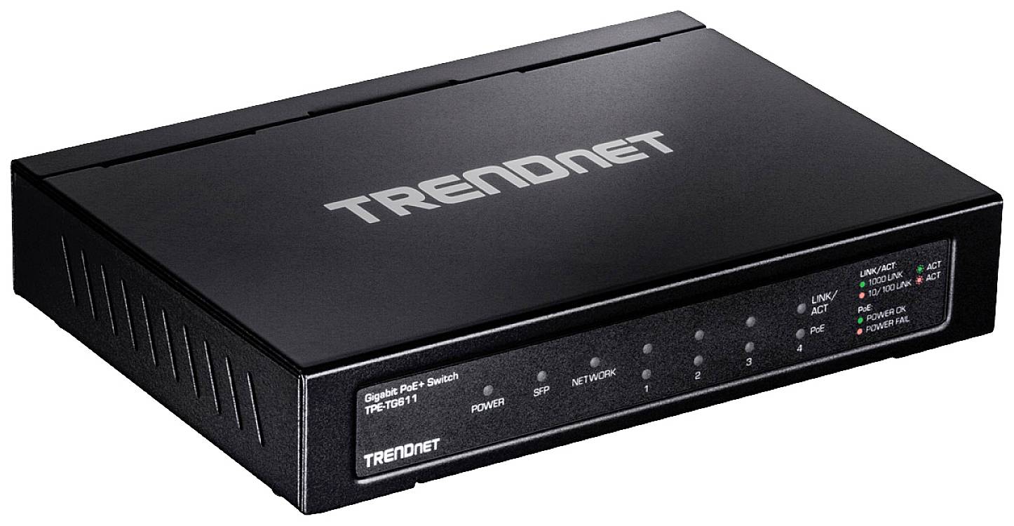 Ein schwarzer Netzwerk-Switch mit mehreren Ethernet-Ports, LED-Anzeigen für Power, Link, Aktivität und PoE-Status auf der Vorderseite.