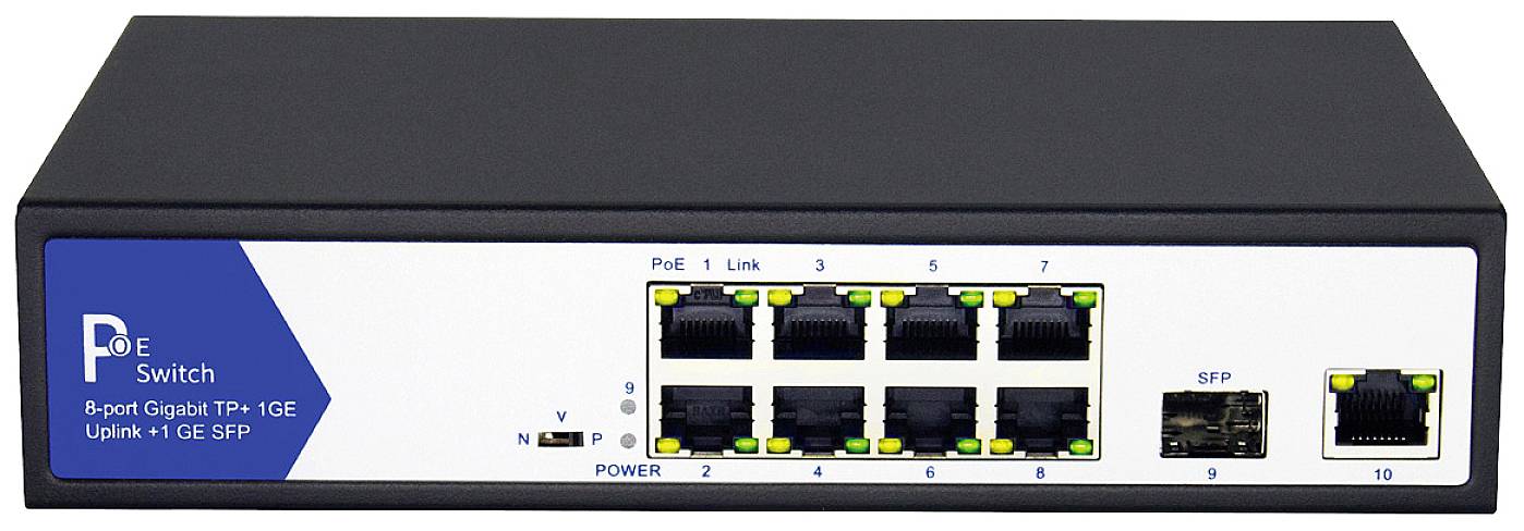 Ein schwarzer PoE-Switch mit acht Gigabit-Ethernet-Ports und einem SFP-Port. Text: 'PoE Switch 8-port Gigabit TP+ 1GE Uplink +1 GE SFP'.