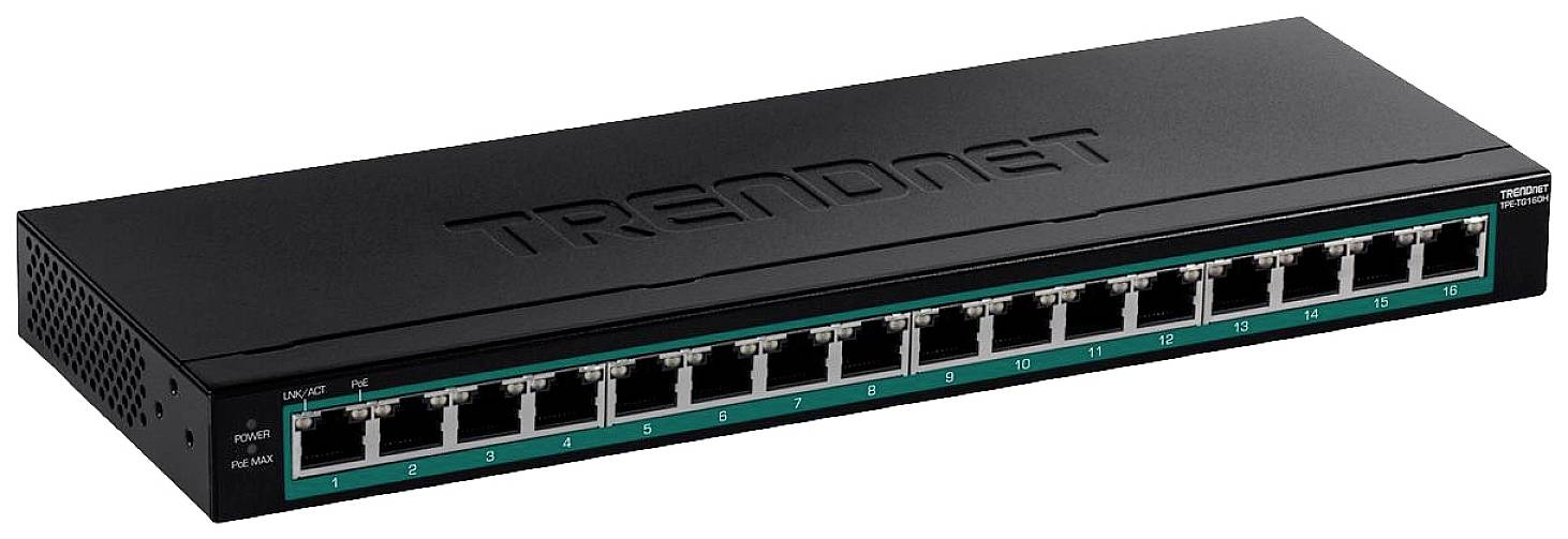 Trendnet Netzwerk-Switch mit 16 Ethernet-Ports. Geeignet zur Erweiterung von Netzwerkkapazitäten in Büro- oder Heimnetzwerken.