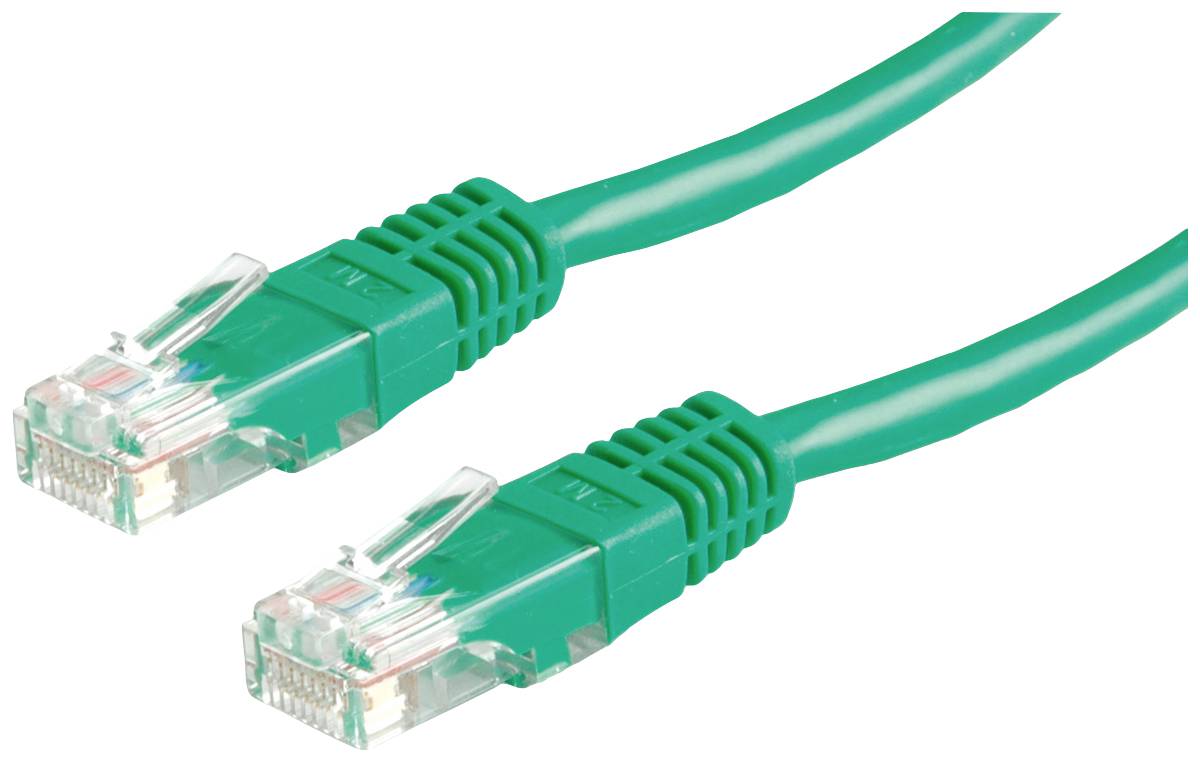 Zwei grüne Ethernet-Kabel nebeneinander, jedes mit einem transparenten Steckverbinder, auf weißem Hintergrund.