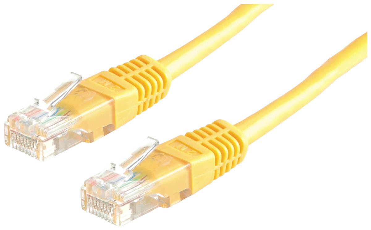 Zwei gelbe Ethernet-Kabel mit transparenten Steckern an beiden Enden.