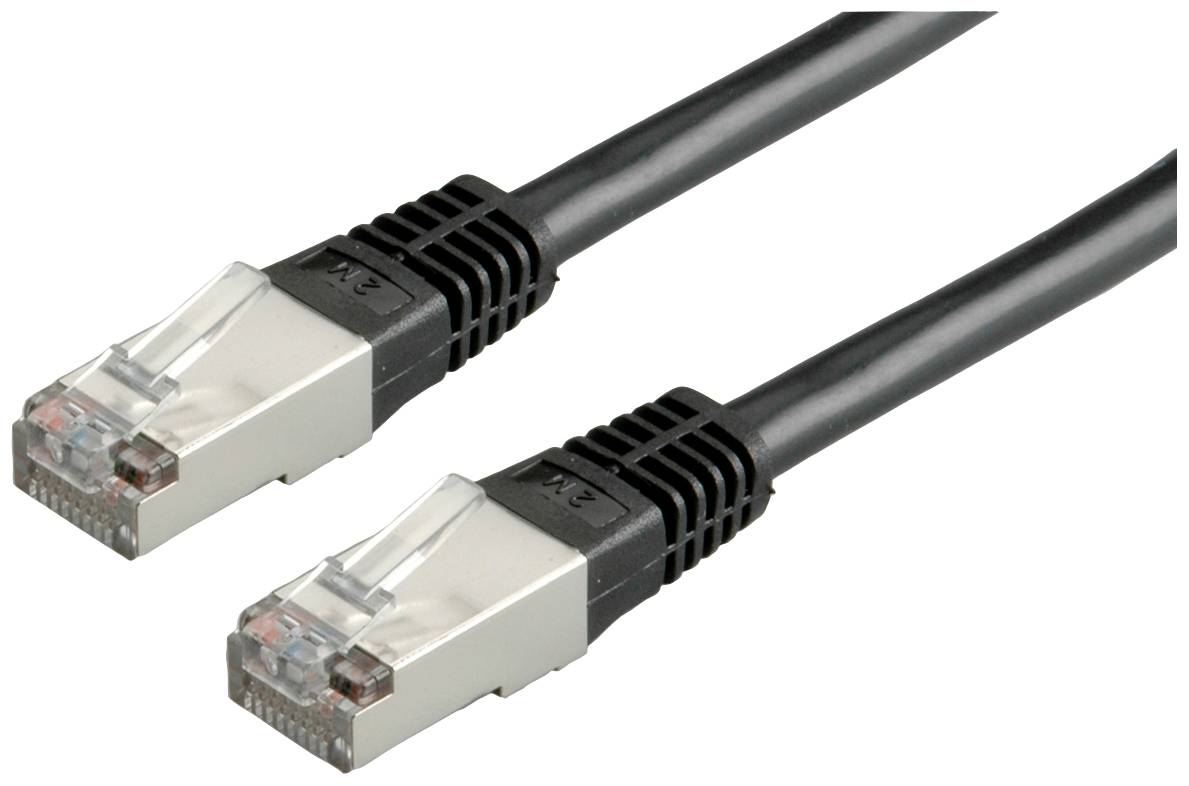 Schwarzes Ethernet-Kabel mit zwei silbernen RJ45-Steckern an den Enden.