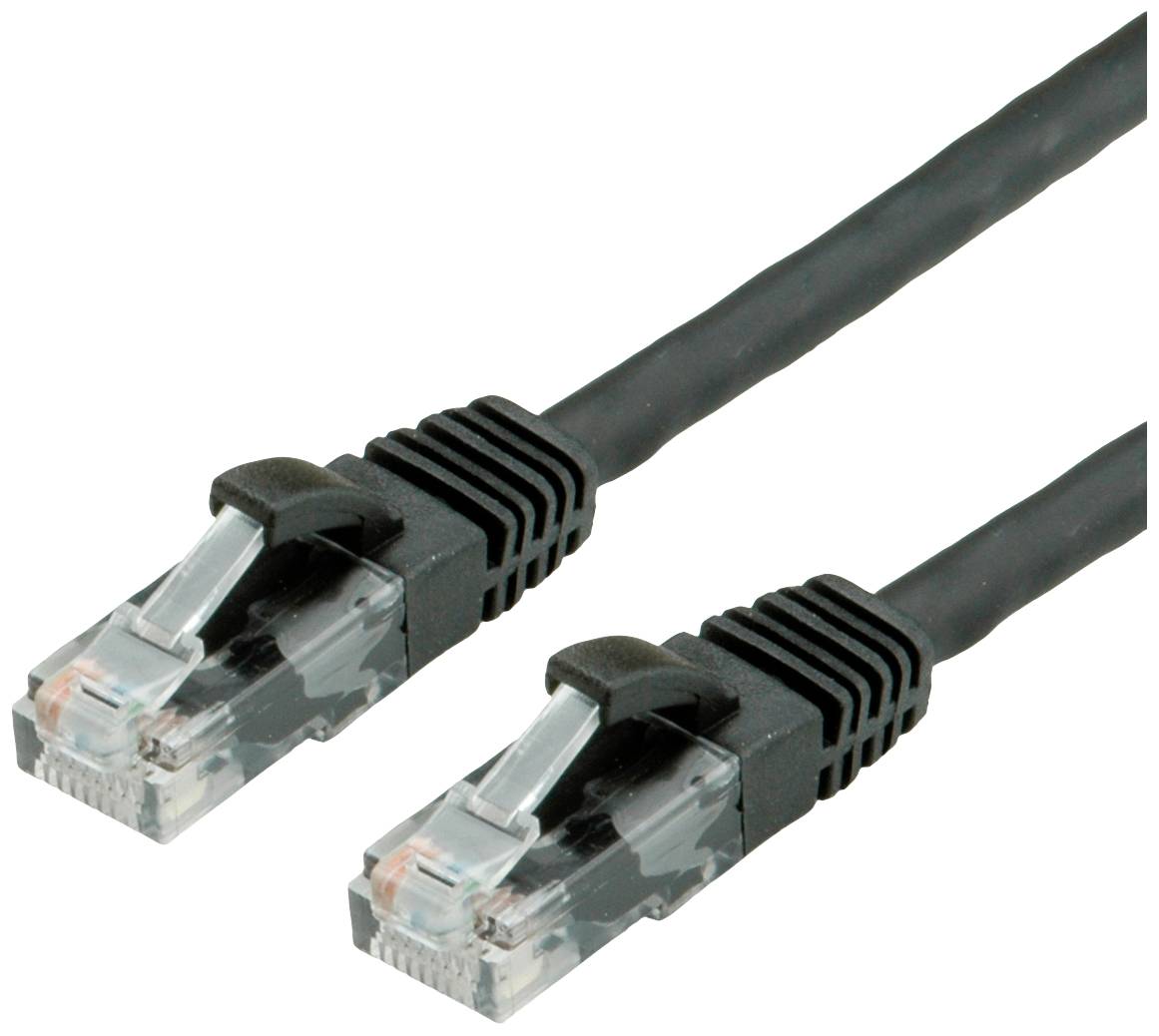 Zwei schwarze Ethernet-Kabel mit transparenten RJ45-Steckern an den Enden, die zur Netzwerkverbindung verwendet werden.