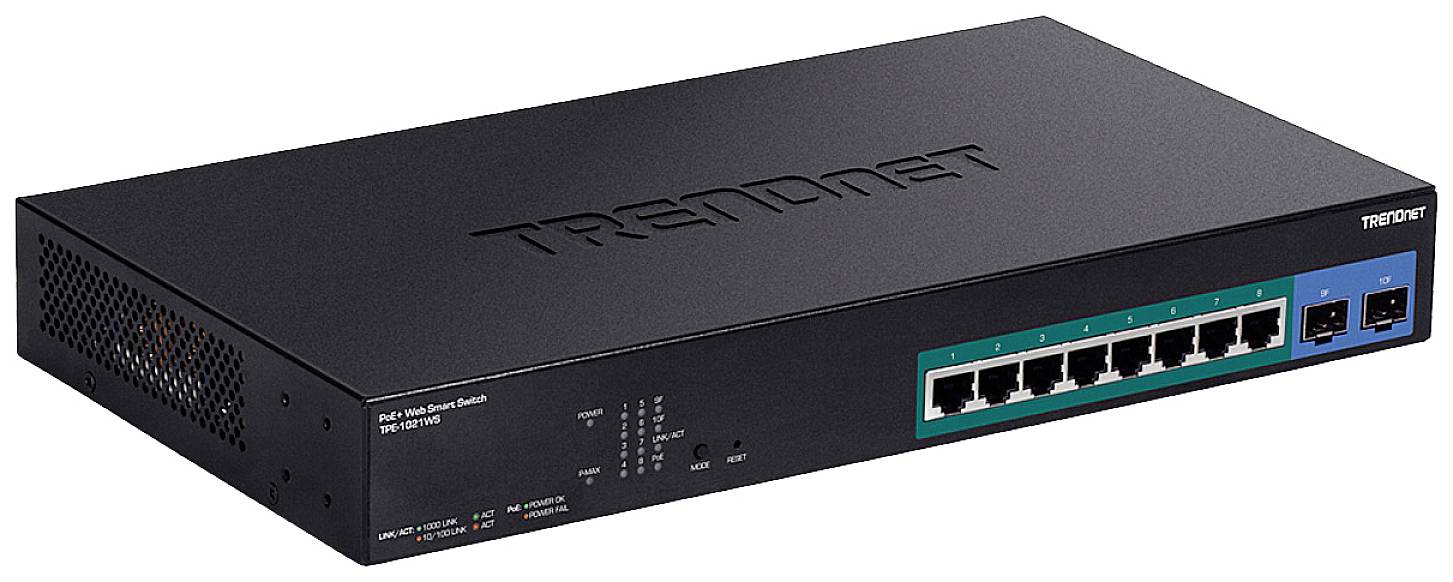 Ein schwarzer Netzwerk-Switch von TRENDnet mit acht Ethernet-Ports und zwei SFP-Steckplätzen.