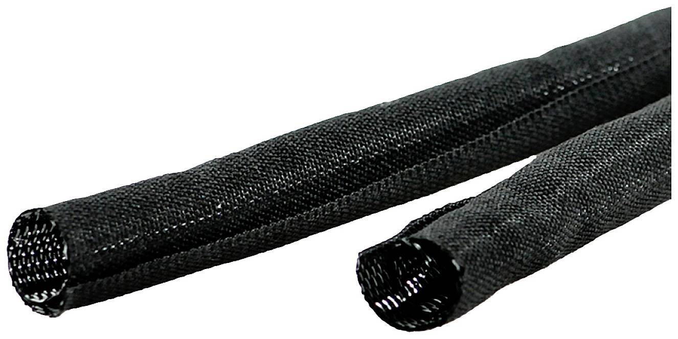Zwei schwarze, flexible Schutzschläuche aus gewebtem Material, die zur Kabelbündelung und Isolierung verwendet werden.