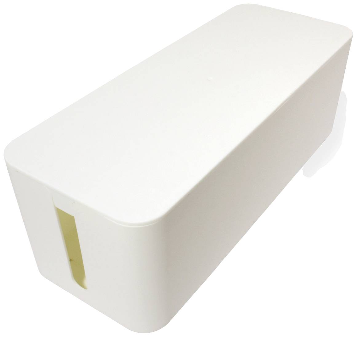 Eine weiße Kabelbox mit rechteckiger Form und abgerundeten Kanten. Die Box hat einen Schlitz an der Seite zum Einführen von Kabeln.