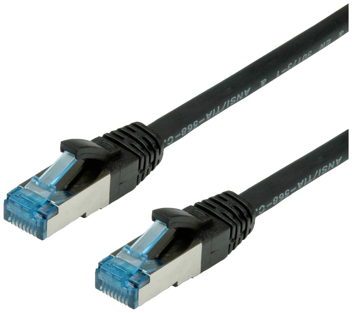 Zwei schwarze Cat6 Ethernet-Kabel mit blauen Steckern, die für Netzwerkverbindungen verwendet werden.
