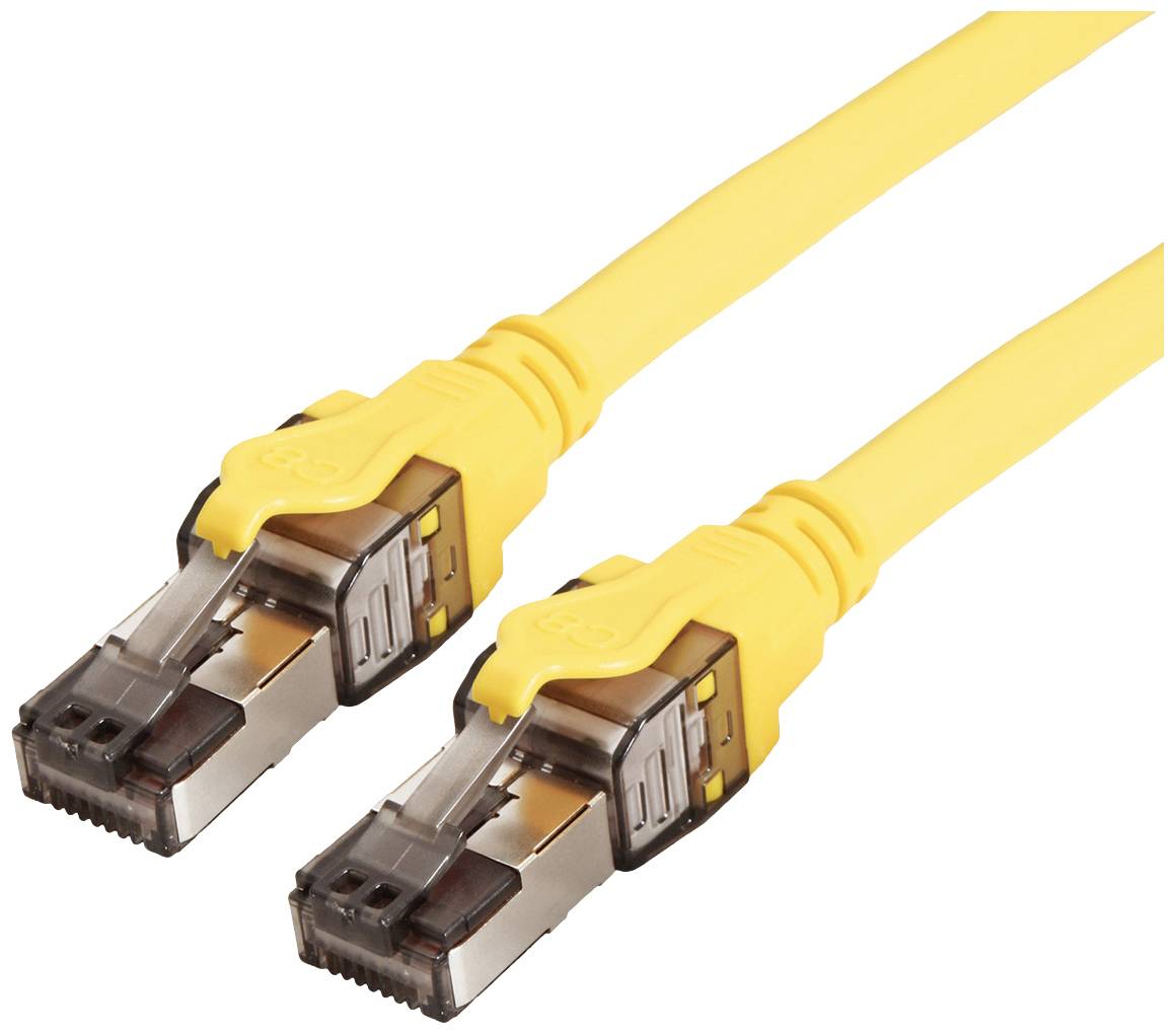Zwei gelbe Netzwerkkabel mit RJ45-Stecker, erkennbar an den metallischen Kontakten und der Kunststoffummantelung.