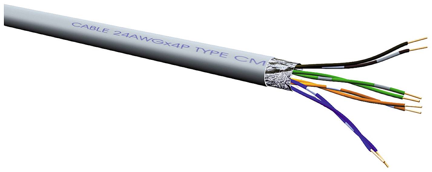 Ein aufgeschnittener Netzwerkkabel mit mehreren farbigen Adern und einem Kunststoffmantel ist zu sehen. Aufdruck: 'CABLE 24AWGX4P TYPE CM'.