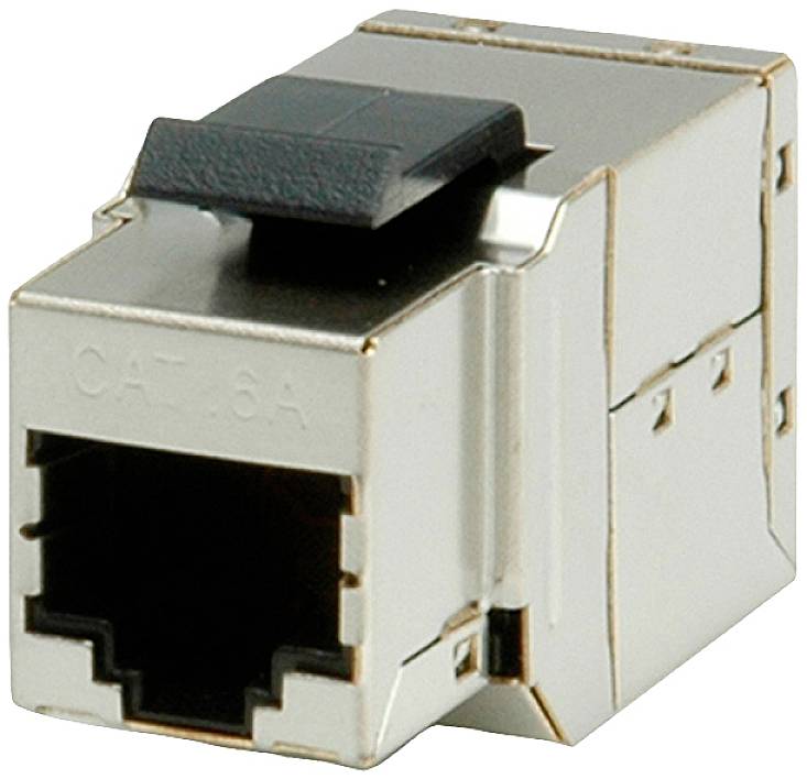 Ein Metall-CAT 6A-Netzwerk-Keystone-Modul. Es hat einen schwarzen Hebel und ist für den Einsatz in Netzwerkverbindungen vorgesehen.