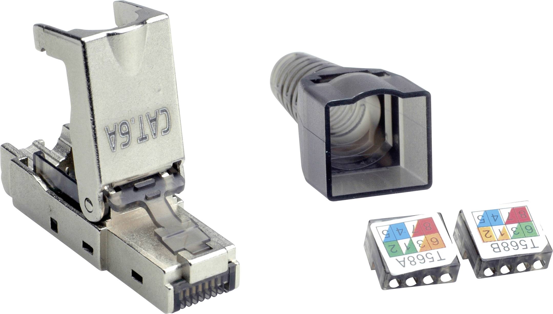 Ein CAT6A-Netzwerkstecker-Set, bestehend aus einer Steckerverbindung, einem Gehäuse und zwei Farbmarkierungen für T568A und T568B.