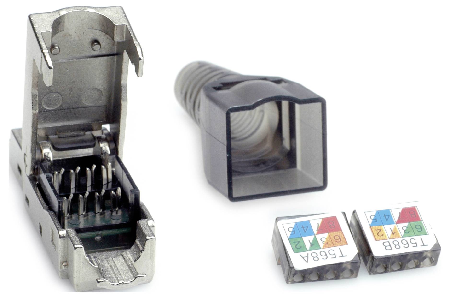 RJ45-Stecker-Set mit Gehäuse, Kabelknickschutz und Farbcodierungseinsätzen für Netzwerkanwendungen.
