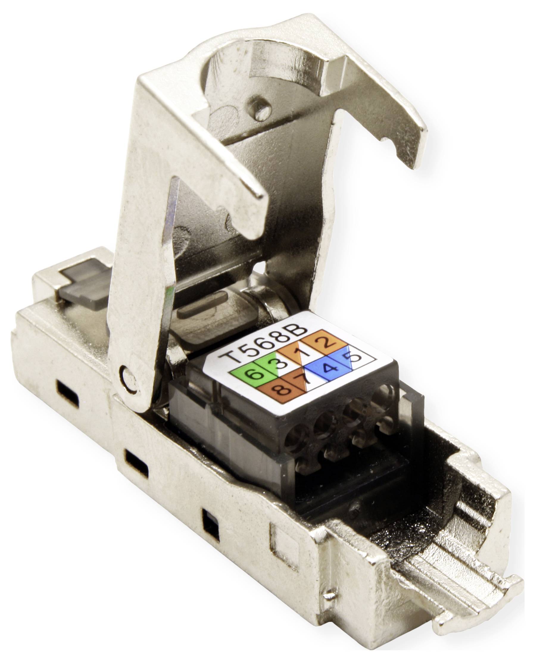 Ein RJ45-Netzwerkstecker mit geöffneter Metallabdeckung zeigt einen Farbcode für die T568B-Verdrahtung.