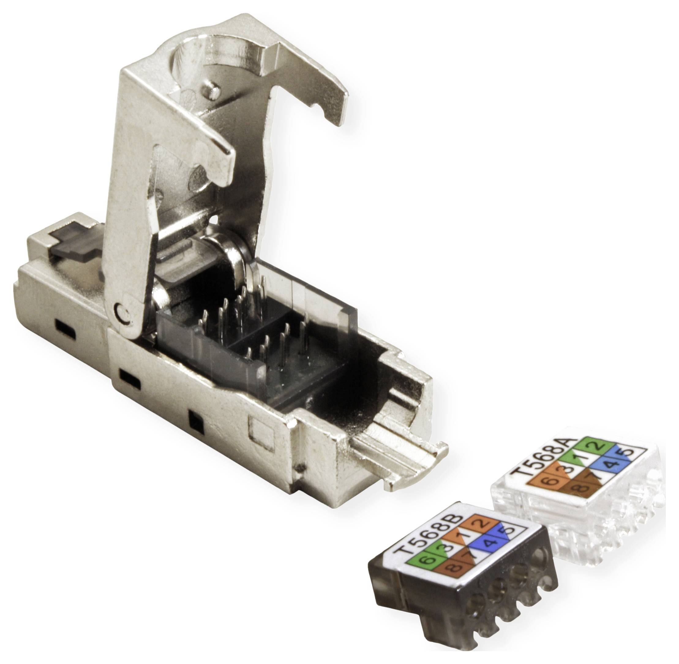 RJ45-Stecker mit Metallgehäuse, offen dargestellt. Zwei Patchkabel-Farbkodiersätze, T568A und T568B, liegen daneben.