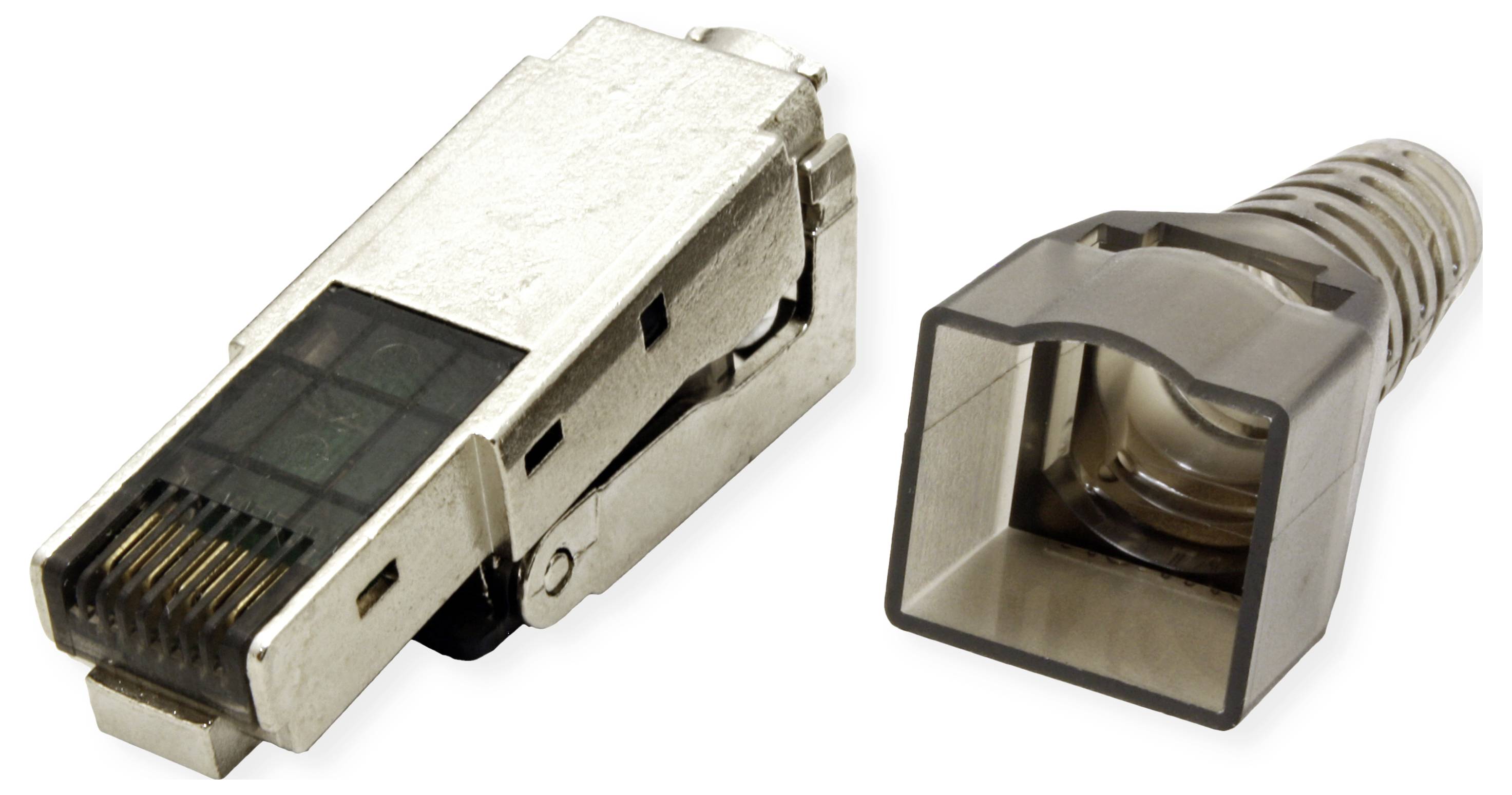 Zwei RJ45-Stecker: links vollständig montiert, rechts demontierte Ansicht. Komponenten für Ethernet-Kabelverbindungen.