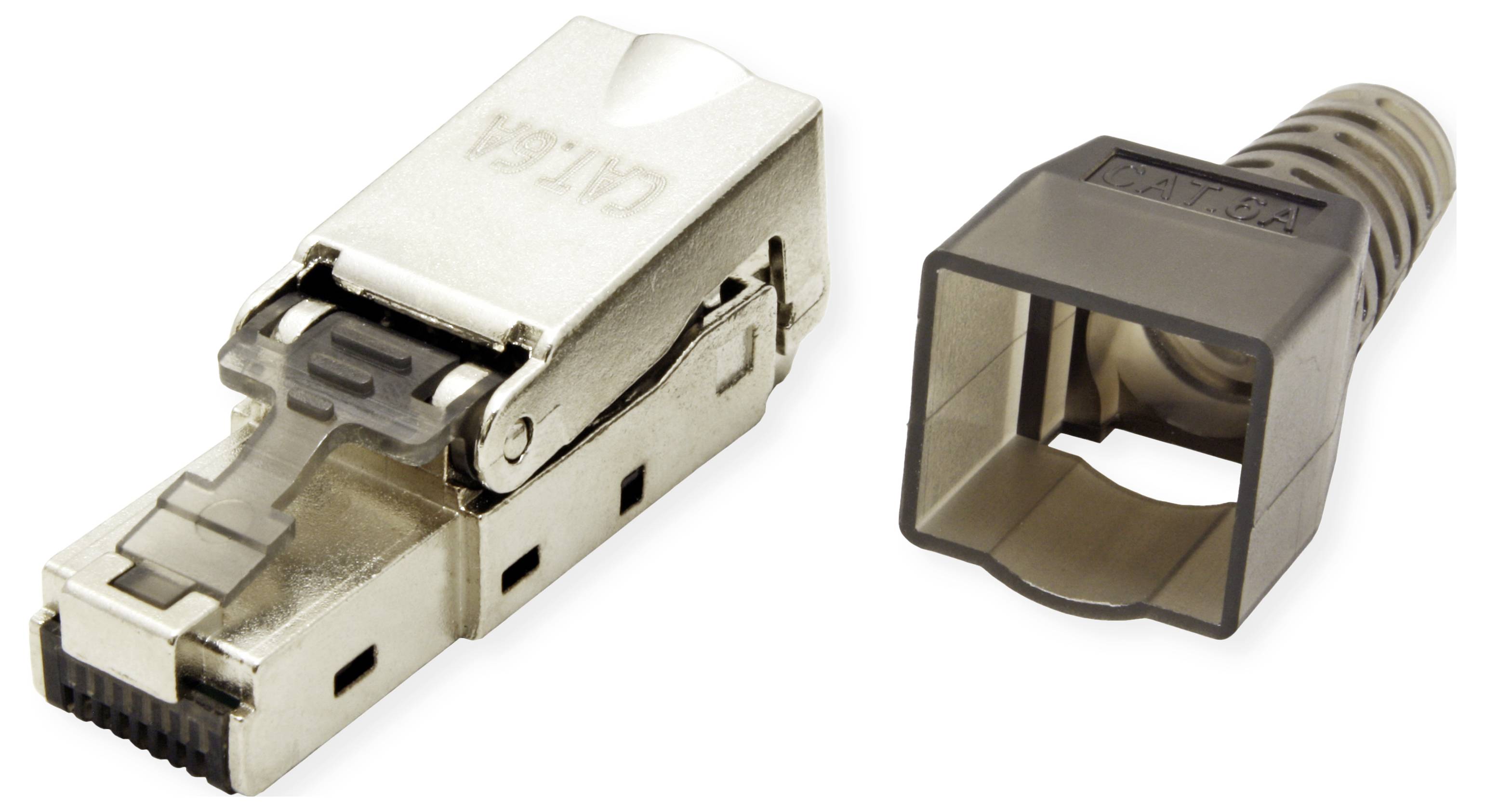 Ein modularer RJ45-Stecker mit Metallgehäuse und eine dazugehörige, transparente Kunststoffabdeckung, beide für Netzwerkkabel.