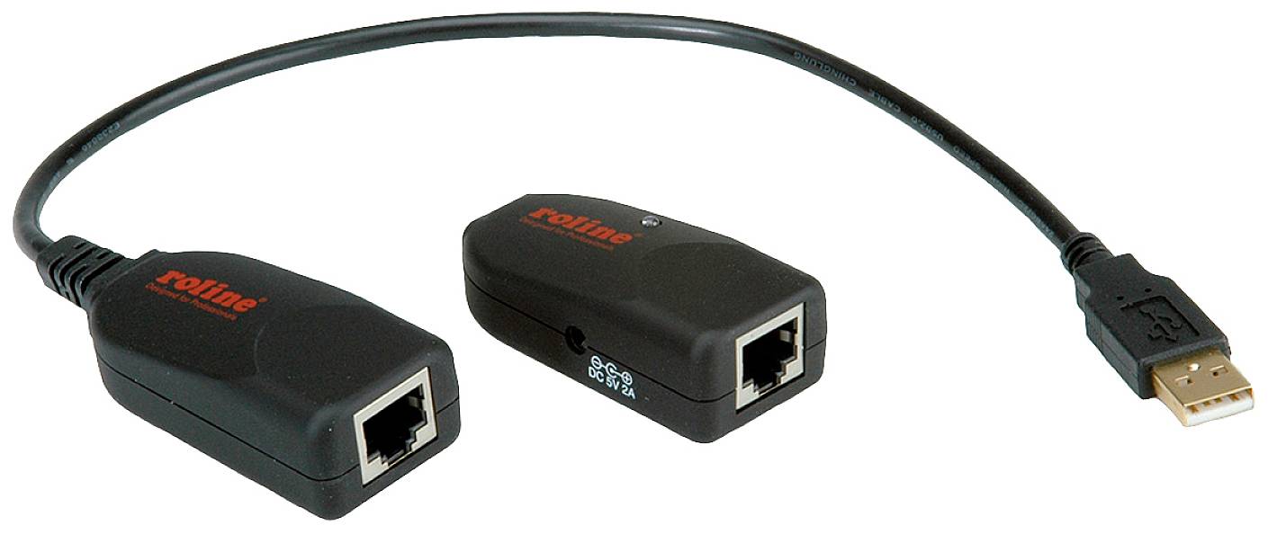 Zwei schwarze Adapter mit RJ45-Buchse und USB-Stecker, verbunden durch ein Kabel; werden zur Datenübertragung genutzt.