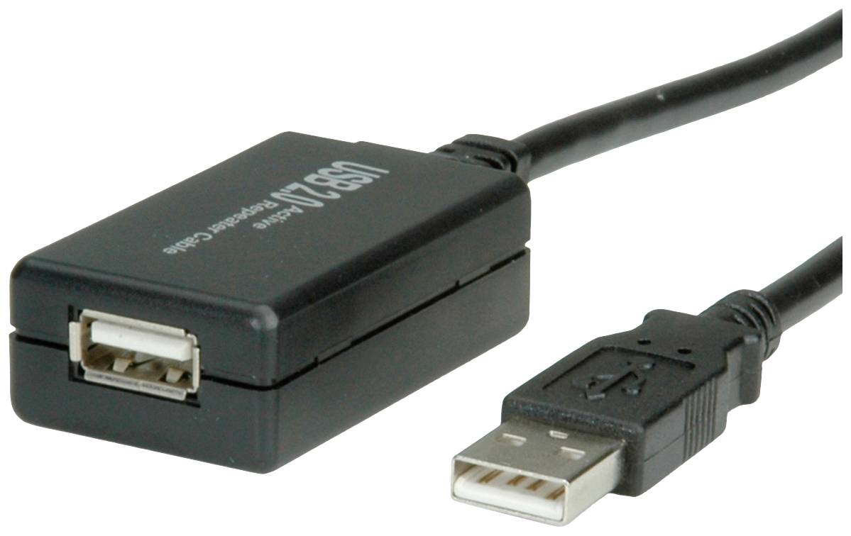 Ein USB-2.0-Verlängerungskabel: links ein USB-A-Buchse, rechts ein USB-A-Stecker. Es dient zur Verlängerung von USB-Verbindungen.
